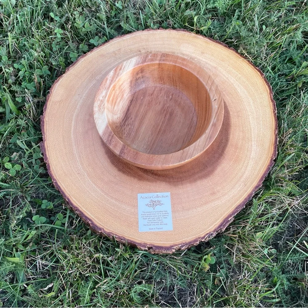 ACACIA COLLECTION Handcrafted Wooden Wood Slice Raw Edge Serving Tray Bowl